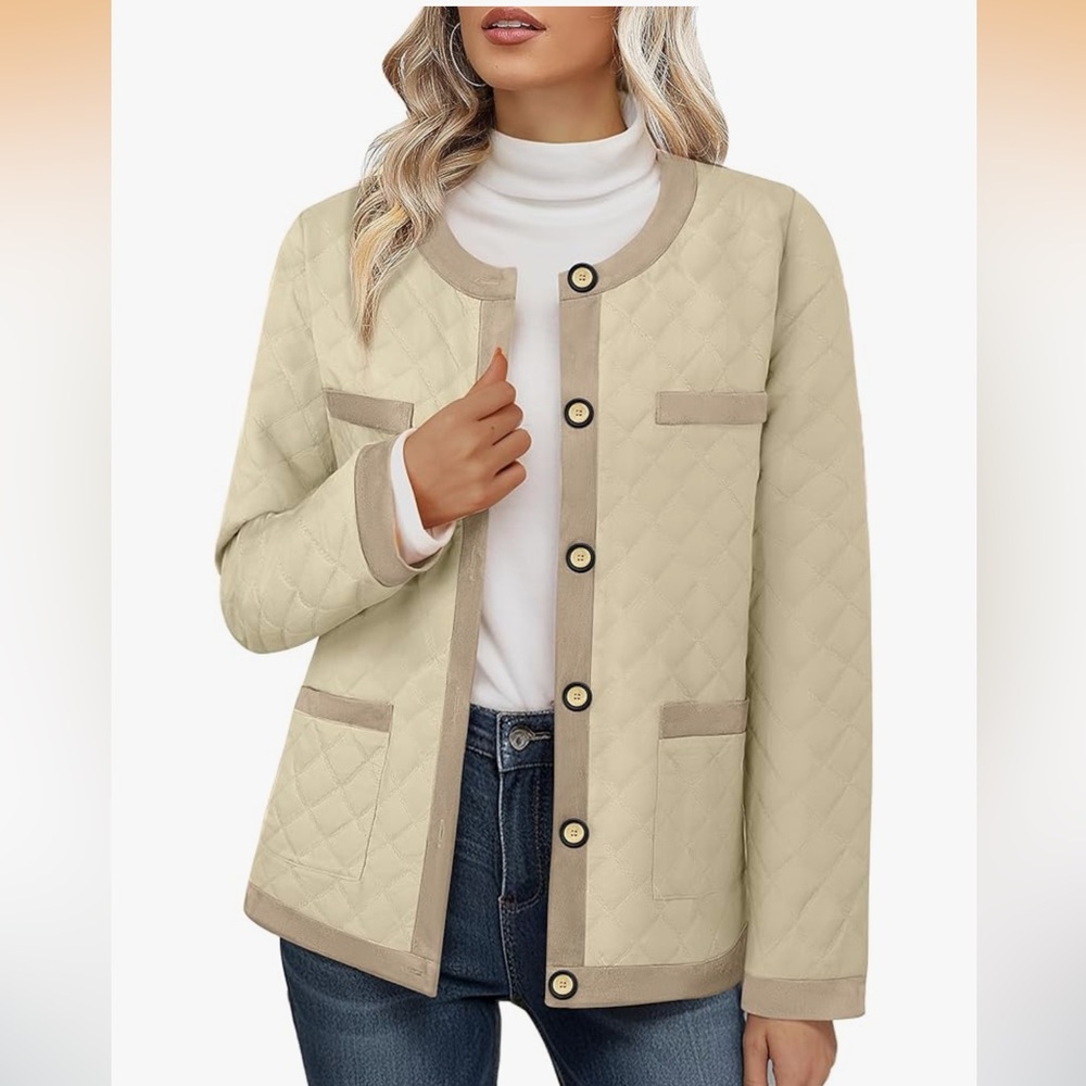 NWT Women's Beige Diamond Quilted Jacket Crew Neck Lightweight Button Down XL